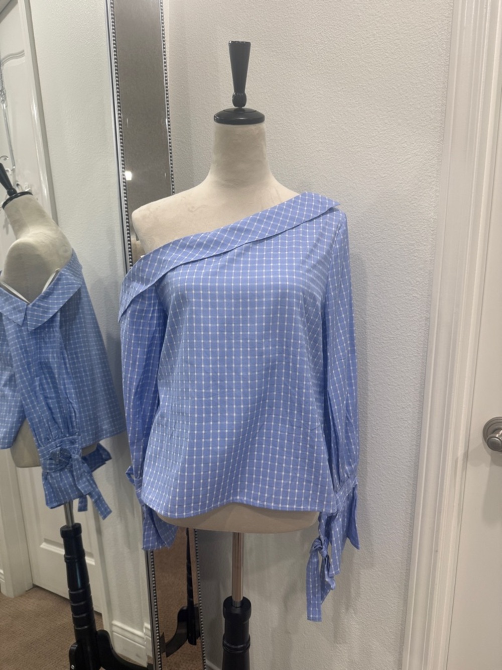 J.O.A. Light Blue One-Shoulder Checked Tie-Sleeve Blouse